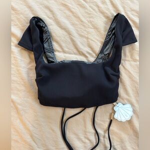 POPFLEX Women’s SwimTop Size XS Black Ribbed Tie Back Cap Sleeve Bikini